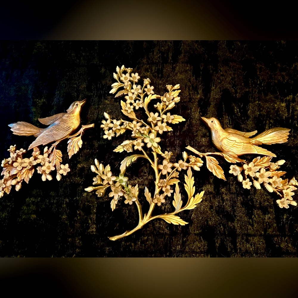 Gorgeous Hollywood Regency 1960’s Syrocco 3 Piece Birds and Dogwood Wall Plaques